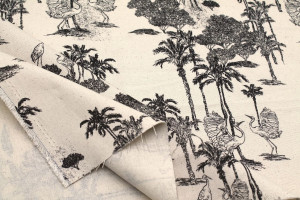 Tissu Coton Toile de Jouy Jungle Tropicale Noir -Au Mètre