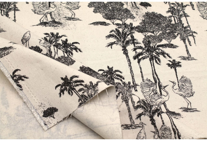 Tissu Coton Toile de Jouy Jungle Tropicale Noir -Au Mètre