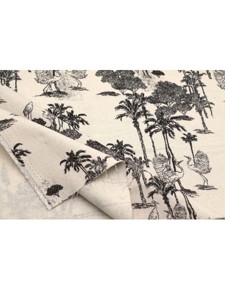 Tissu Coton Toile de Jouy Jungle Tropicale Noir -Au Mètre