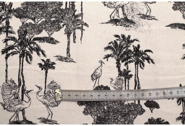 Tissu Coton Toile de Jouy Jungle Tropicale Noir -Au Mètre