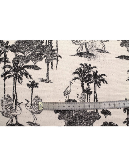 Tissu Coton Toile de Jouy Jungle Tropicale Noir -Au Mètre