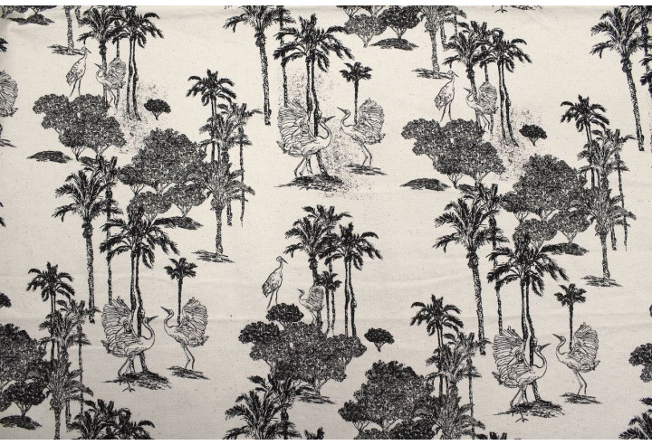 Tissu Coton Toile de Jouy Jungle Tropicale Noir -Au Mètre