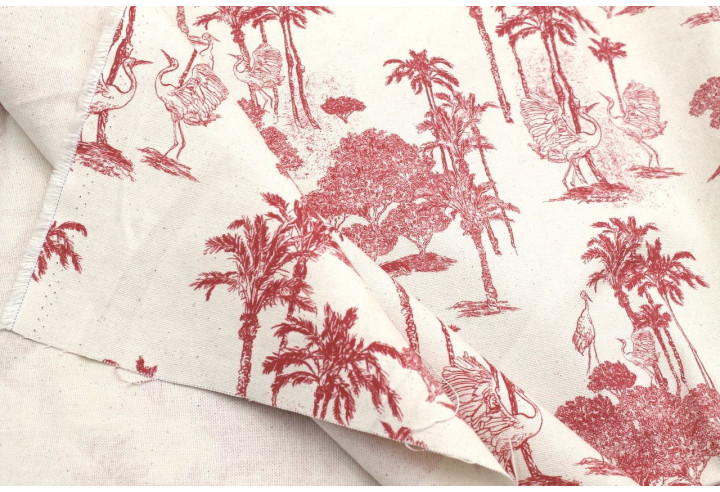 Tissu Coton Toile de Jouy Jungle Tropicale Rouge -Au Mètre