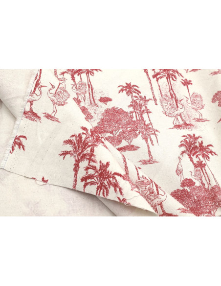 Tissu Coton Toile de Jouy Jungle Tropicale Rouge -Au Mètre
