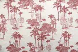 Tissu Coton Toile de Jouy Jungle Tropicale Rouge -Au Mètre