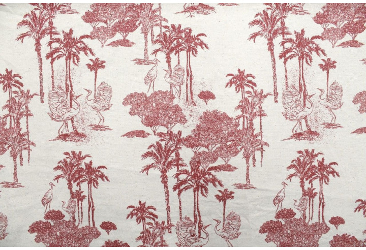 Tissu Coton Toile de Jouy Jungle Tropicale Rouge -Au Mètre