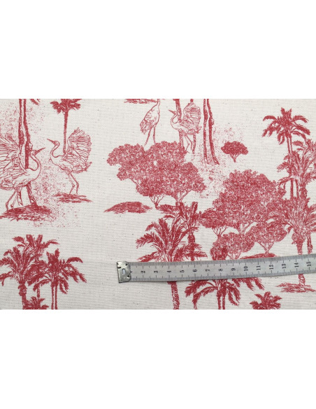 Tissu Coton Toile de Jouy Jungle Tropicale Rouge -Au Mètre