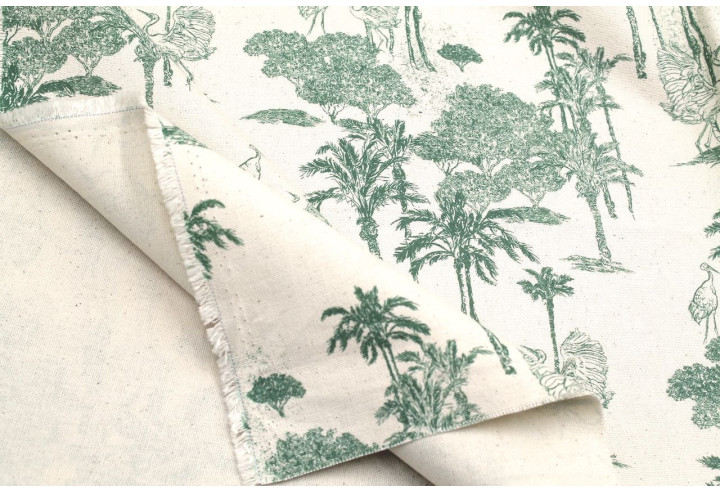 Tissu Coton Toile de Jouy Jungle Tropicale Vert -Au Mètre