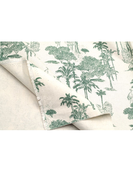 Tissu Coton Toile de Jouy Jungle Tropicale Vert -Au Mètre