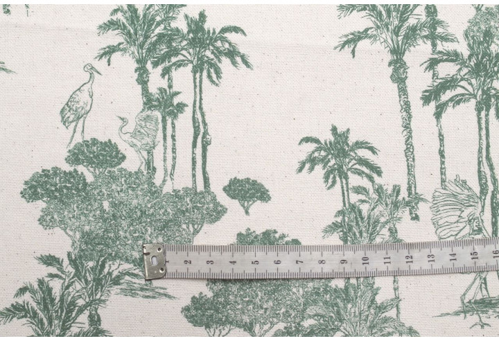 Tissu Coton Toile de Jouy Jungle Tropicale Vert -Au Mètre