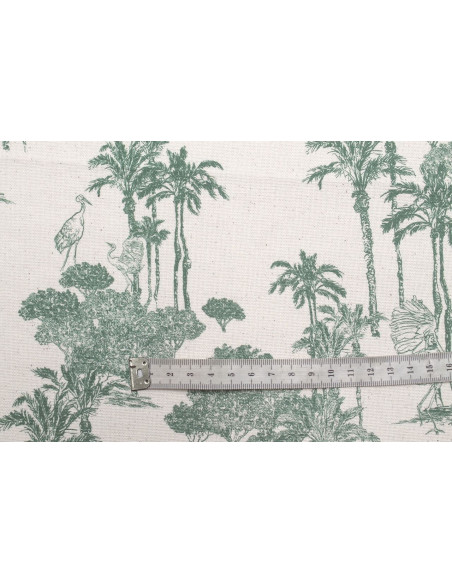Tissu Coton Toile de Jouy Jungle Tropicale Vert -Au Mètre