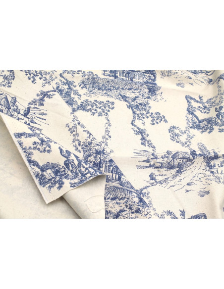 Tissu Coton Toile de Jouy Village Traditionnel Bleu -Au Mètre