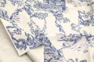 Tissu Coton Toile de Jouy Village Traditionnel Bleu -Au Mètre