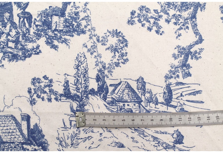 Tissu Coton Toile de Jouy Village Traditionnel Bleu -Au Mètre