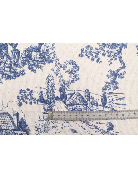 Tissu Coton Toile de Jouy Village Traditionnel Bleu -Au Mètre