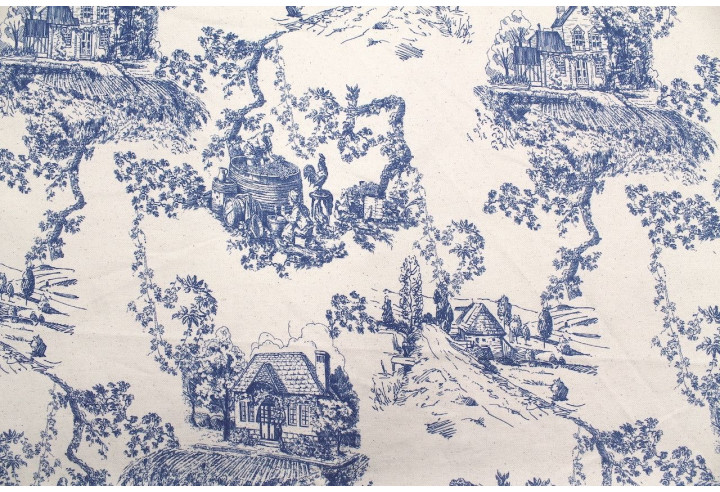 Tissu Coton Toile de Jouy Village Traditionnel Bleu -Au Mètre