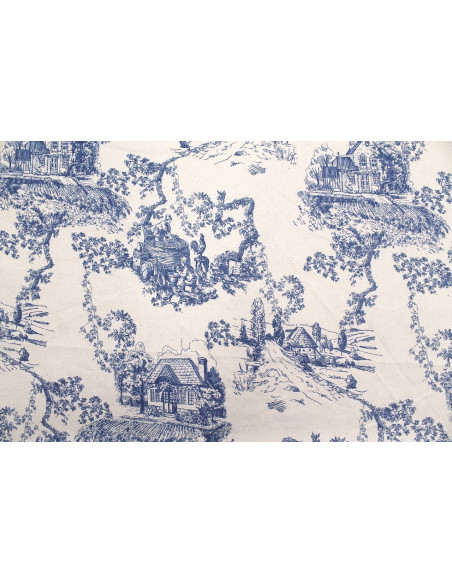 Tissu Coton Toile de Jouy Village Traditionnel Bleu -Au Mètre