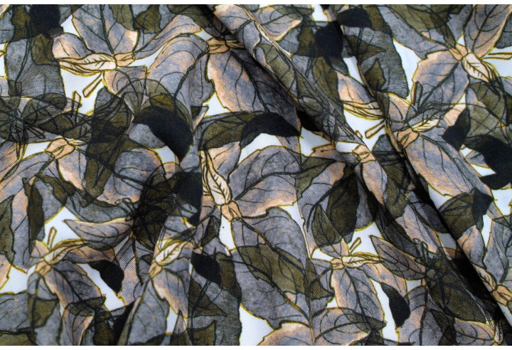 Tissu Gabardine Viscose Imprimé Fleur Automne Kaki -Au Mètre