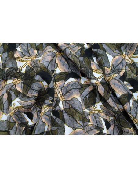 Tissu Gabardine Viscose Imprimé Fleur Automne Kaki -Au Mètre