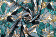 Tissu Gabardine Viscose Imprimé Fleur Automne Bleu Vert -Au Mètre