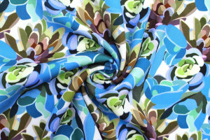 Tissu Gabardine Viscose Imprimé Fleur Graphique Turquoise -Au Mètre