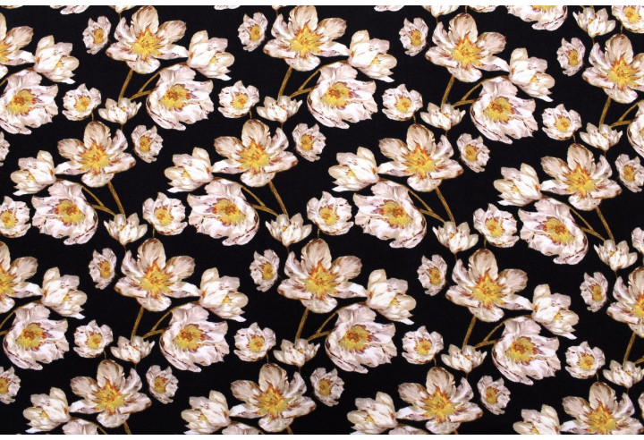 Tissu Gabardine Viscose Imprimé Fleur Pansy Noir de Qualité, Tissu au mètre, Tissu pas cher - Alltissus.com