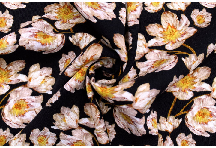 Tissu Gabardine Viscose Imprimé Fleur Pansy Noir de Qualité, Tissu au mètre, Tissu pas cher - Alltissus.com