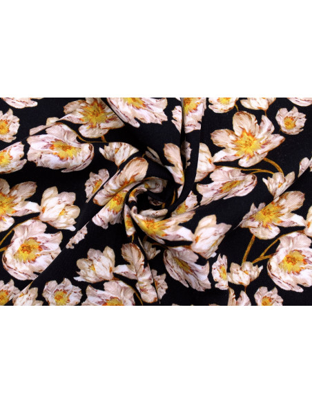 Tissu Gabardine Viscose Imprimé Fleur Pansy Noir de Qualité, Tissu au mètre, Tissu pas cher - Alltissus.com