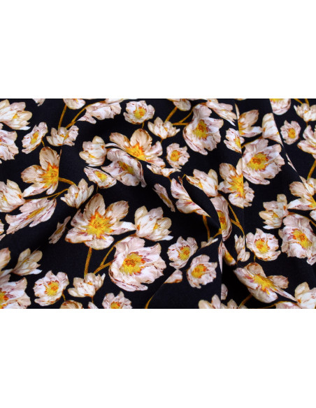 Tissu Gabardine Viscose Imprimé Fleur Pansy Noir de Qualité, Tissu au mètre, Tissu pas cher - Alltissus.com