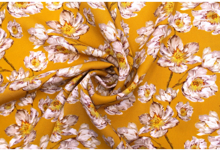 Tissu Gabardine Viscose Imprimé Fleur Pansy Safran de Qualité, Tissu au mètre, Tissu pas cher - Alltissus.com