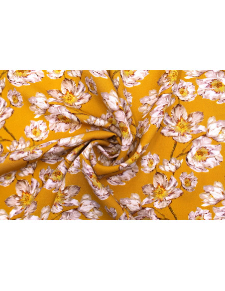 Tissu Gabardine Viscose Imprimé Fleur Pansy Safran de Qualité, Tissu au mètre, Tissu pas cher - Alltissus.com