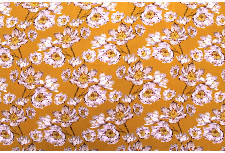 Tissu Gabardine Viscose Imprimé Fleur Pansy Safran de Qualité, Tissu au mètre, Tissu pas cher - Alltissus.com