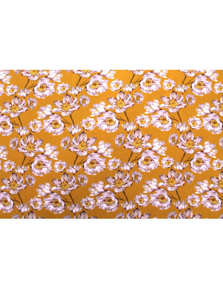 Tissu Gabardine Viscose Imprimé Fleur Pansy Safran de Qualité, Tissu au mètre, Tissu pas cher - Alltissus.com
