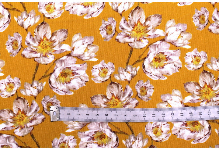 Tissu Gabardine Viscose Imprimé Fleur Pansy Safran de Qualité, Tissu au mètre, Tissu pas cher - Alltissus.com