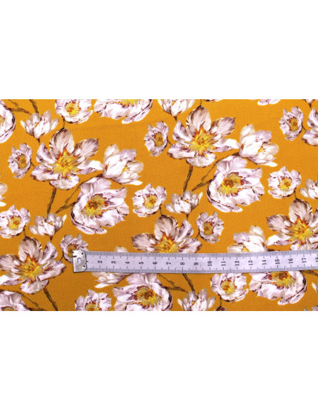 Tissu Gabardine Viscose Imprimé Fleur Pansy Safran de Qualité, Tissu au mètre, Tissu pas cher - Alltissus.com