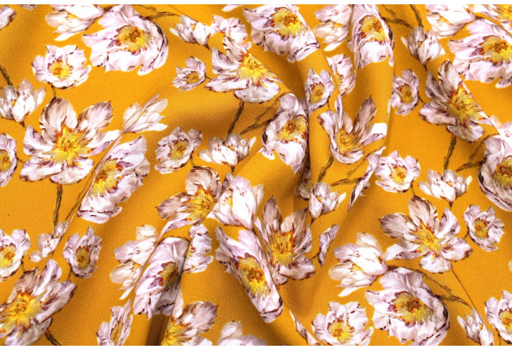 Tissu Gabardine Viscose Imprimé Fleur Pansy Safran de Qualité, Tissu au mètre, Tissu pas cher - Alltissus.com