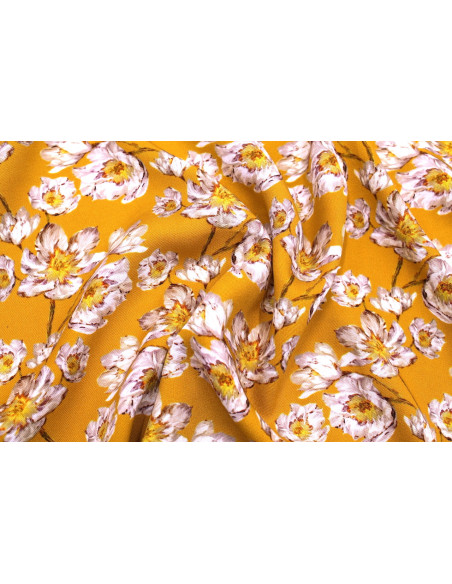 Tissu Gabardine Viscose Imprimé Fleur Pansy Safran de Qualité, Tissu au mètre, Tissu pas cher - Alltissus.com