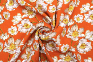 Tissu Gabardine Viscose Imprimé Fleur Pansy Orange de Qualité, Tissu au mètre, Tissu pas cher - Alltissus.com