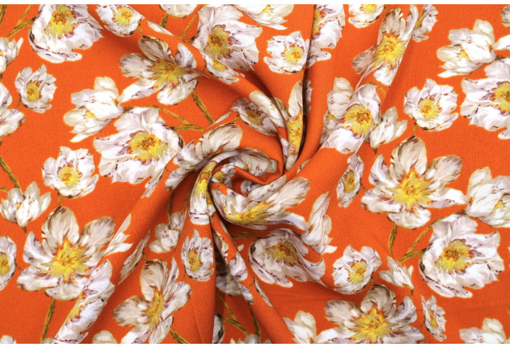 Tissu Gabardine Viscose Imprimé Fleur Pansy Orange de Qualité, Tissu au mètre, Tissu pas cher - Alltissus.com