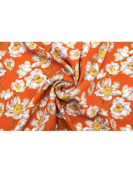 Tissu Gabardine Viscose Imprimé Fleur Pansy Orange de Qualité, Tissu au mètre, Tissu pas cher - Alltissus.com