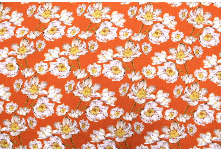 Tissu Gabardine Viscose Imprimé Fleur Pansy Orange de Qualité, Tissu au mètre, Tissu pas cher - Alltissus.com
