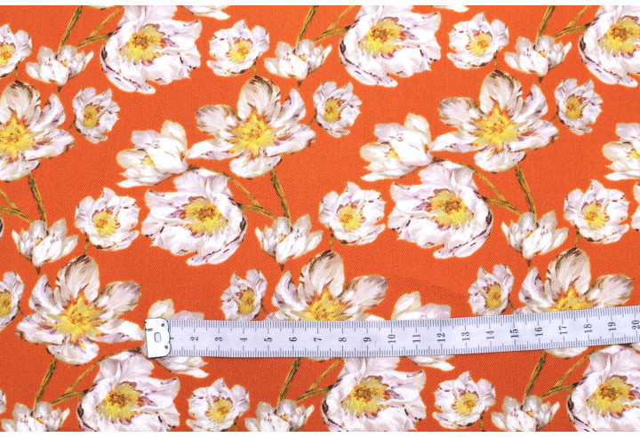 Tissu Gabardine Viscose Imprimé Fleur Pansy Orange de Qualité, Tissu au mètre, Tissu pas cher - Alltissus.com