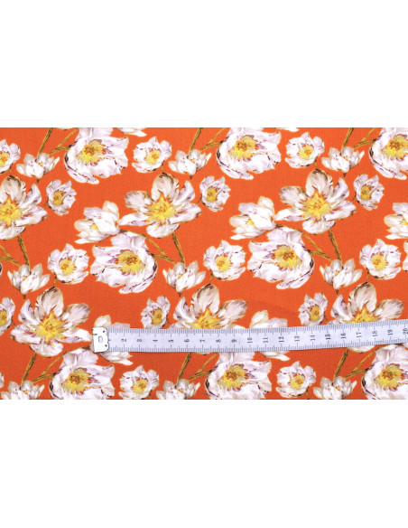 Tissu Gabardine Viscose Imprimé Fleur Pansy Orange de Qualité, Tissu au mètre, Tissu pas cher - Alltissus.com