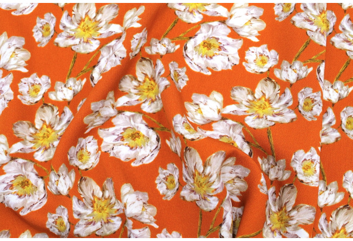 Tissu Gabardine Viscose Imprimé Fleur Pansy Orange de Qualité, Tissu au mètre, Tissu pas cher - Alltissus.com