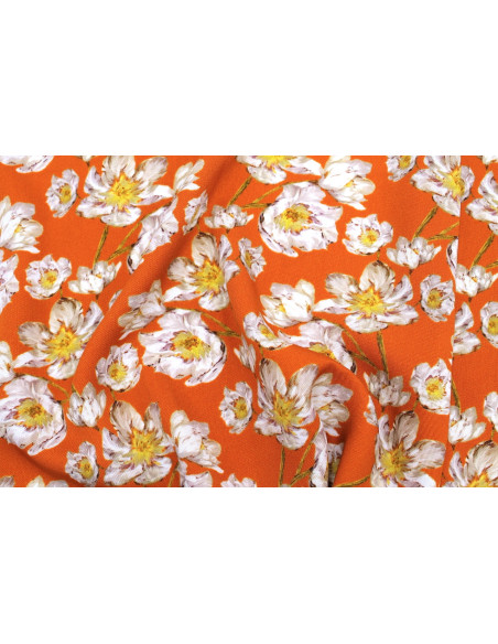 Tissu Gabardine Viscose Imprimé Fleur Pansy Orange de Qualité, Tissu au mètre, Tissu pas cher - Alltissus.com