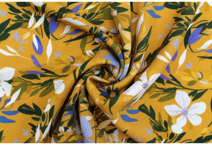 Tissu Gabardine Viscose Imprimé Fleur Jonquille Moutarde de Qualité, Tissu au mètre, Tissu pas cher - Alltissus.com