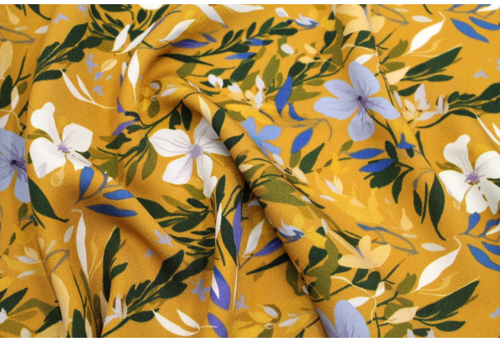 Tissu Gabardine Viscose Imprimé Fleur Jonquille Moutarde de Qualité, Tissu au mètre, Tissu pas cher - Alltissus.com