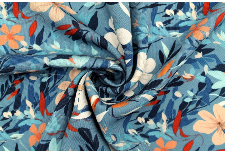 Tissu Gabardine Viscose Imprimé Fleur Jonquille Bleu de Qualité, Tissu au mètre, Tissu pas cher - Alltissus.com