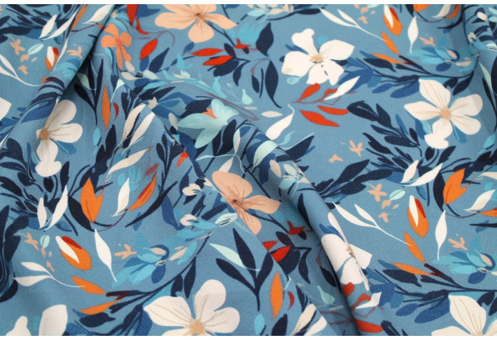 Tissu Gabardine Viscose Imprimé Fleur Jonquille Bleu de Qualité, Tissu au mètre, Tissu pas cher - Alltissus.com