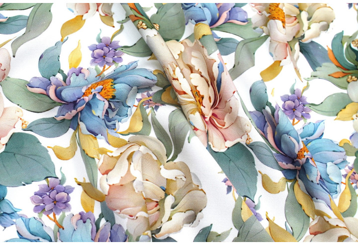 Tissu Gabardine Viscose Imprimé Fleur April Blanc de Qualité, Tissu au mètre, Tissu pas cher - Alltissus.com